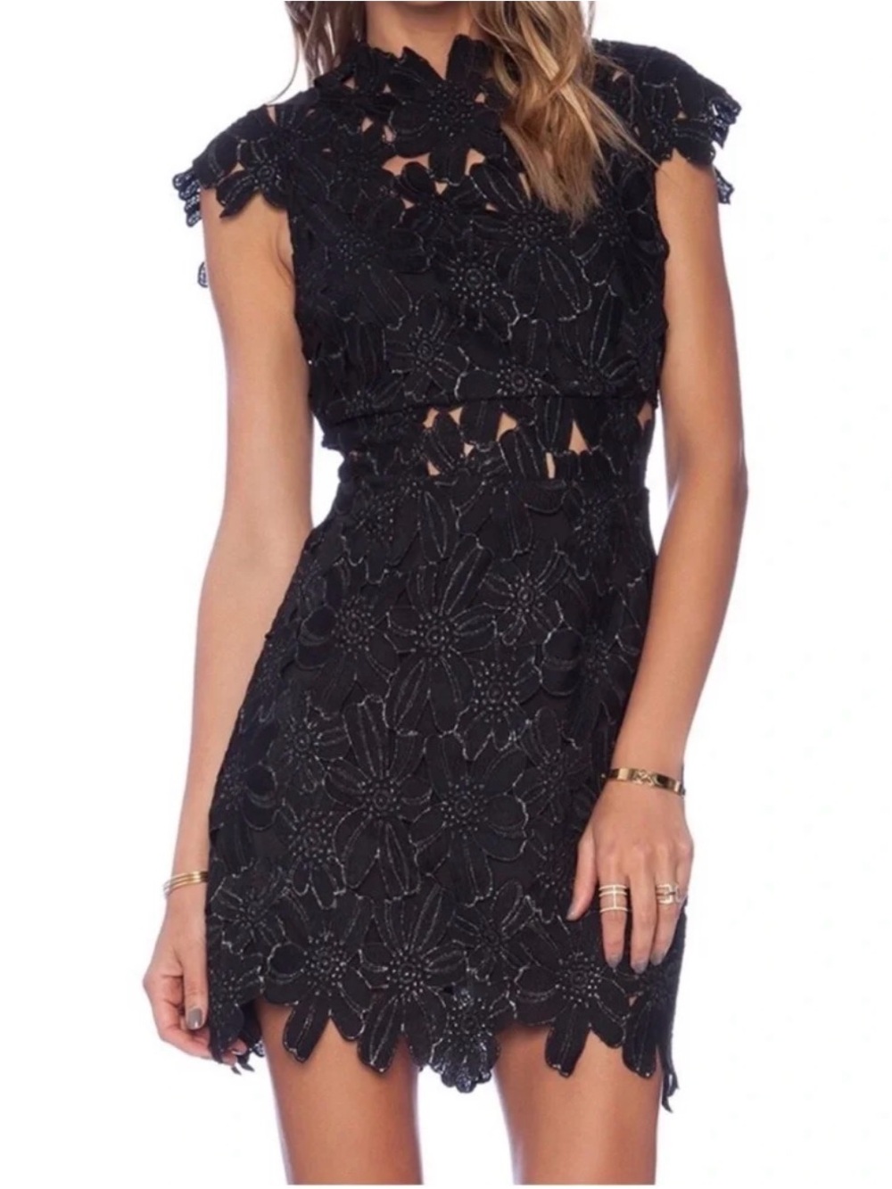 SAYLOR Black Floral Lace Mini Dress with Cutout Waist